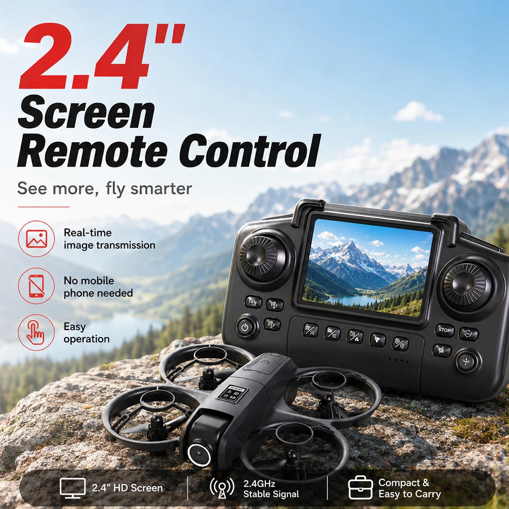 ZNLYRION Mini Full Protective Drone YL3PK With 2.4 Inch Screen Remote Dual Camera Optical Flow Hover 2 Batteries Indoor RC Quadcopter