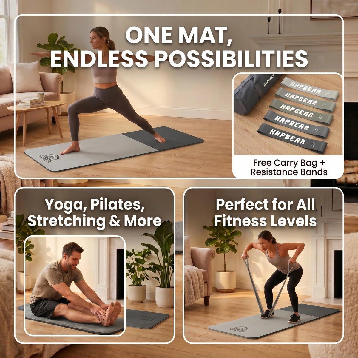 Hapbear TPE Yoga Mat Non Slip Thick Cushioned Exercise Mat