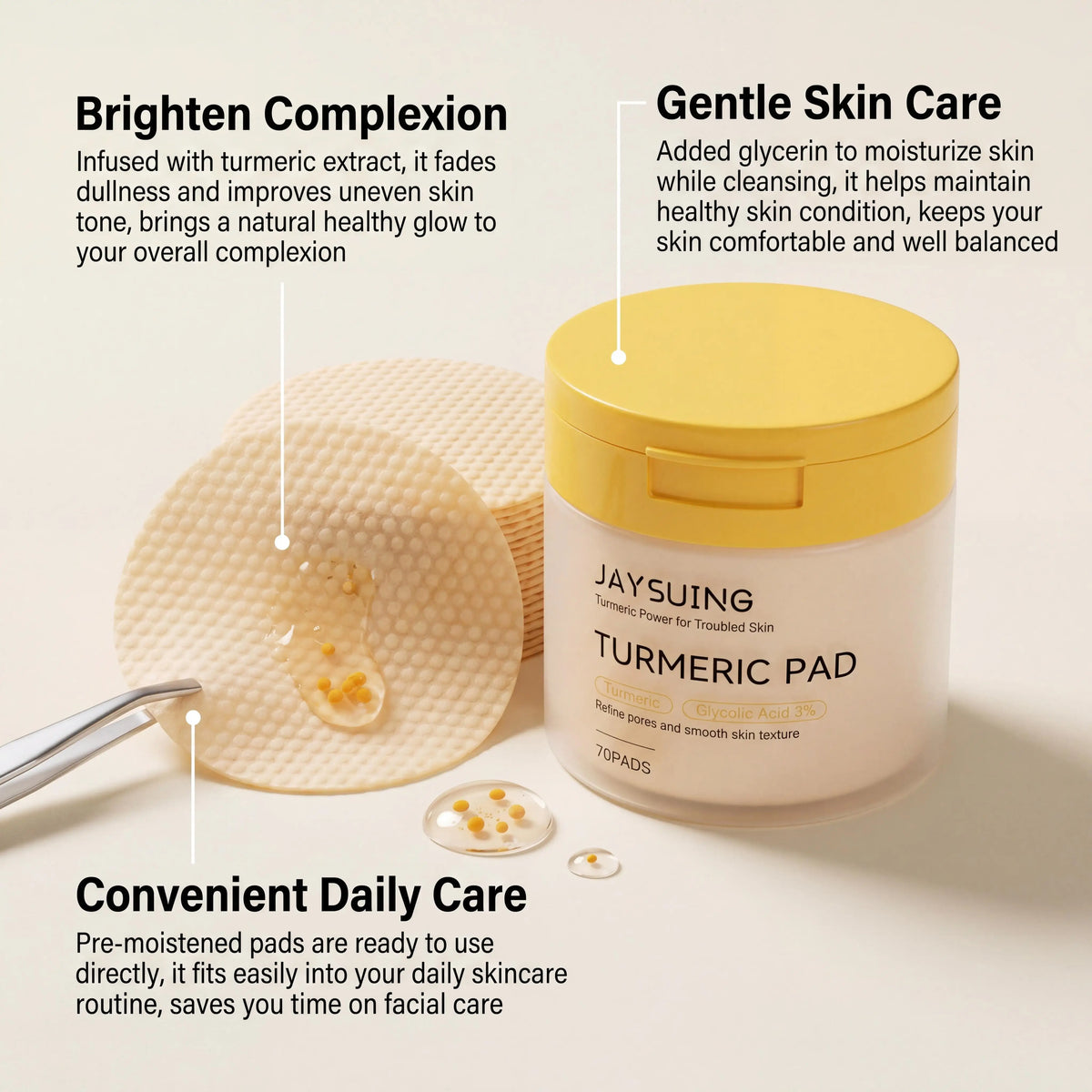 Jaysuing Turmeric Pad Facial Pore Cleansing Troubled Skin Glow Boosting Skin-Firming Moisturizing Exfoliating Brightening Skin Facial Cleaning Pads