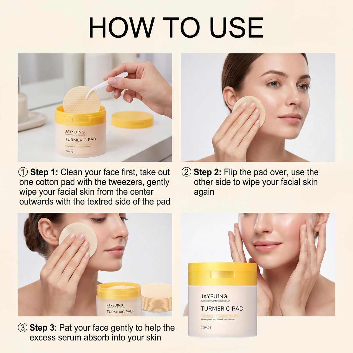 Jaysuing Turmeric Pad Facial Pore Cleansing Troubled Skin Glow Boosting Skin-Firming Moisturizing Exfoliating Brightening Skin Facial Cleaning Pads