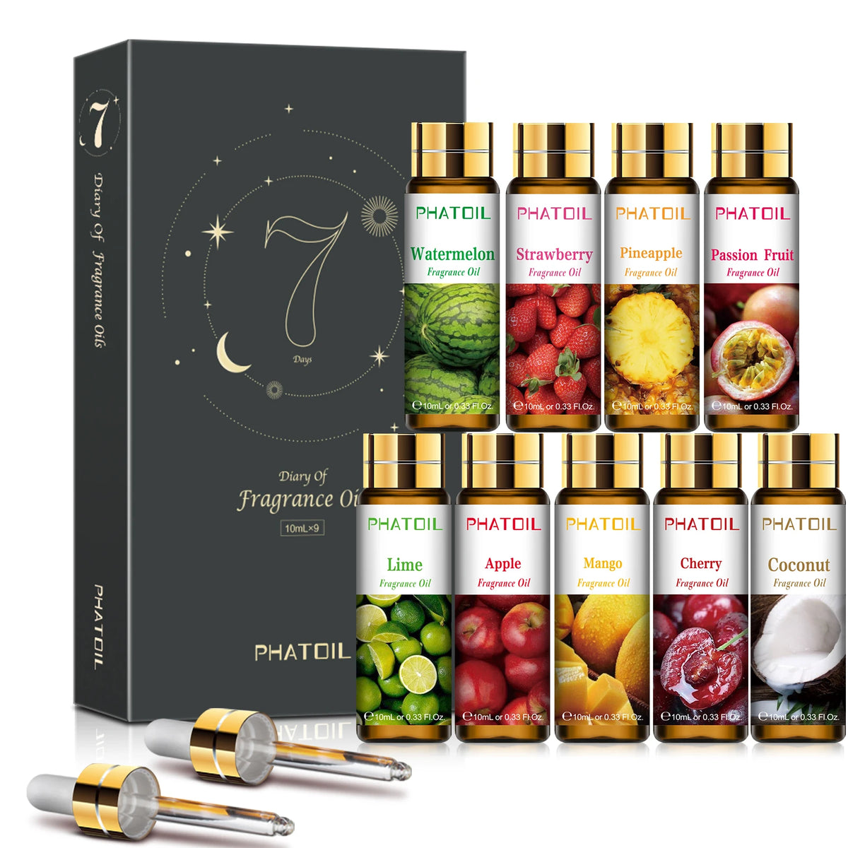 PHATOIL 9PCS Fruity Fragrance Oil Gift Set for Diffuser, Soap Candle Making-10ML Lime, Apple, Mango, Strawberry, Pineapple, Cherry, Coconut, Watermelon, Passion Fruit Long-lasting Aroma Essential Oil