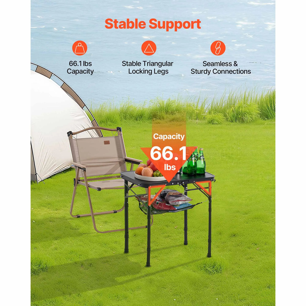 SucceBuy Folding Camping Table With Adjustable Height And Mesh Shelf