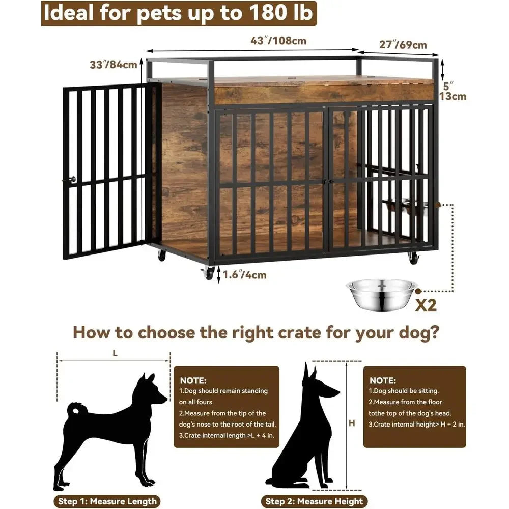 Heavy Duty Triple Door Dog Crate With Secure Rolling Wheels