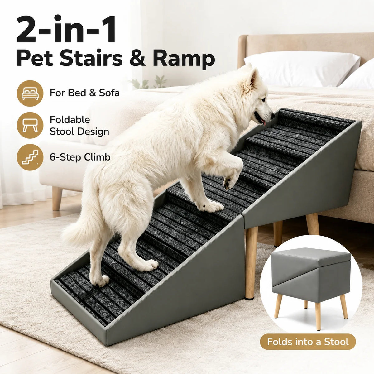 Foldable Wooden Dog Stairs With Non Slip Grip For Beds