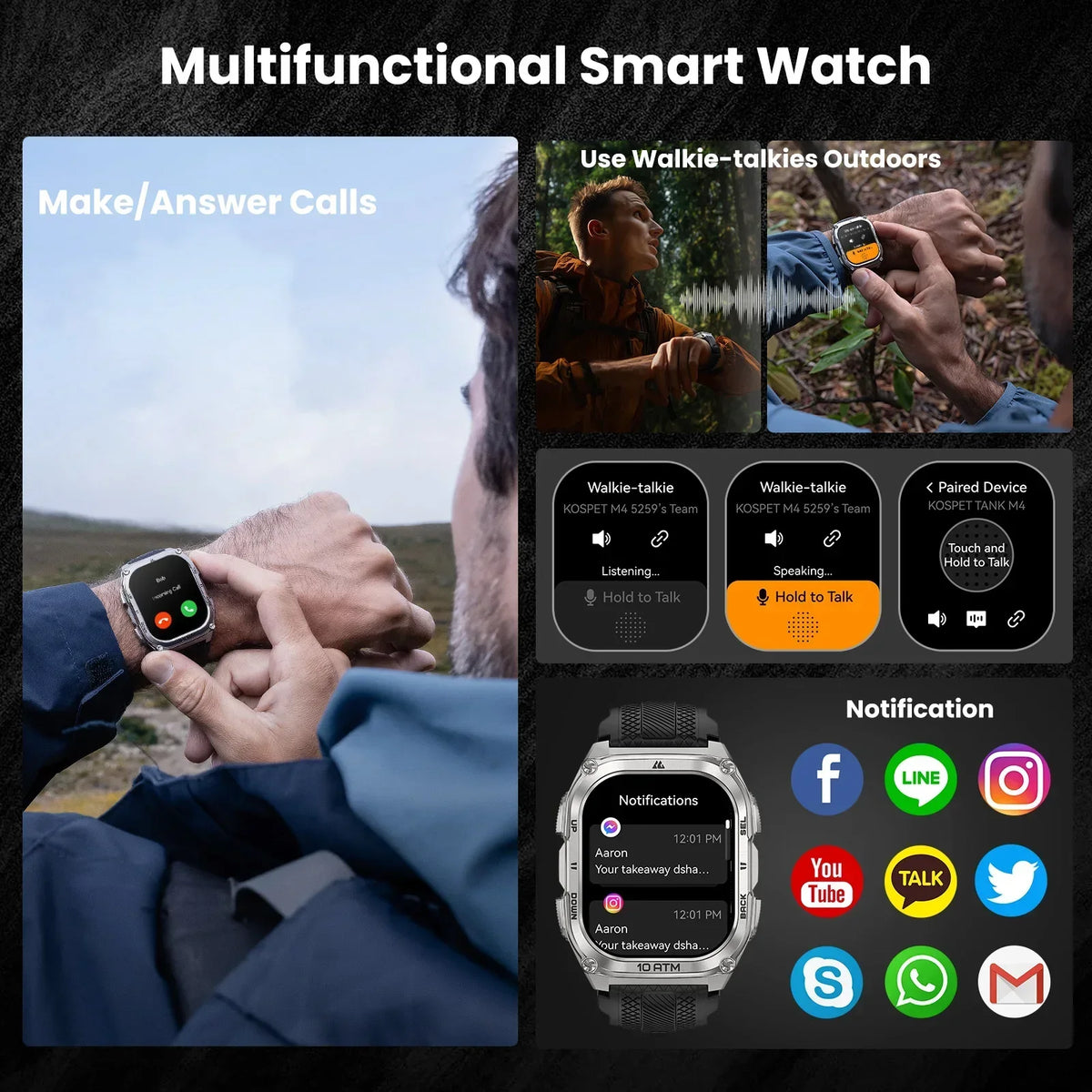 KOSPET Tank M4 Smart Watch Stainless Steel 6-Sat GPS Offline Maps 10ATM Waterproof 45M Dive 24/7 Health Monitor for Android iOS