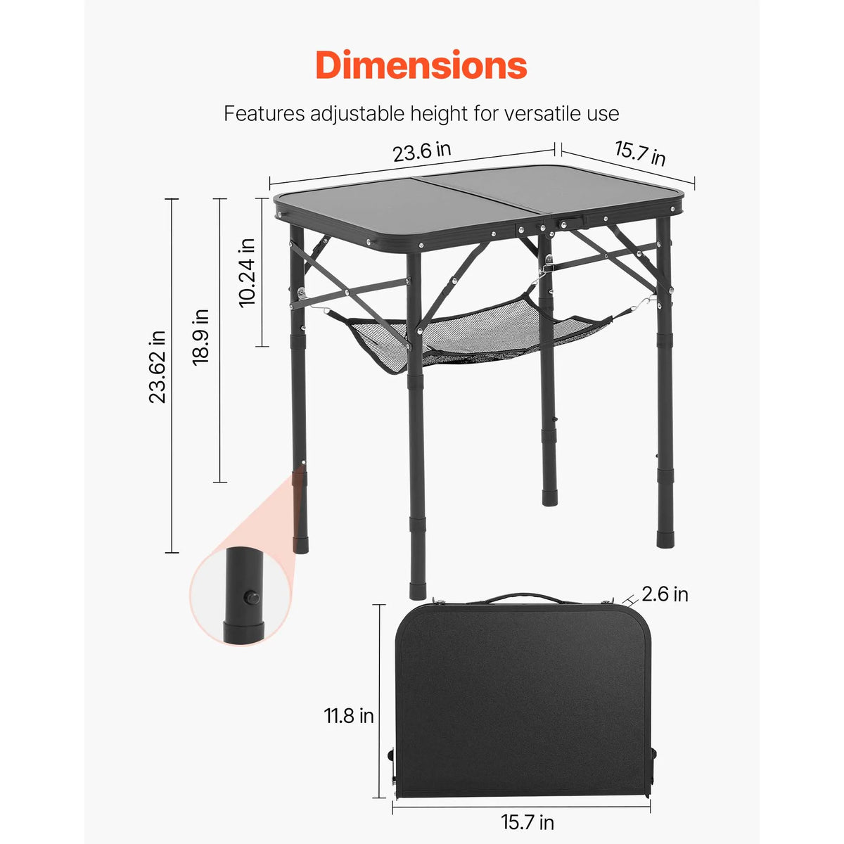 SucceBuy Folding Camping Table With Adjustable Height And Mesh Shelf