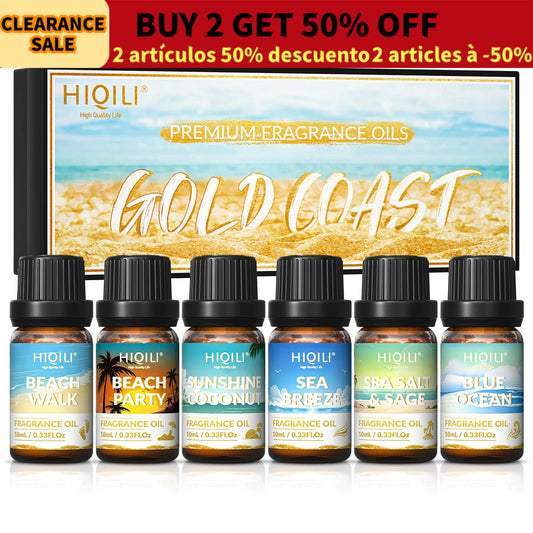 HIQILI Gold Coast Set, TOP 6 PCS Fragrance Oils Gift Set for Aromatherapy Car Home Hotel Diffuser Candles Making
