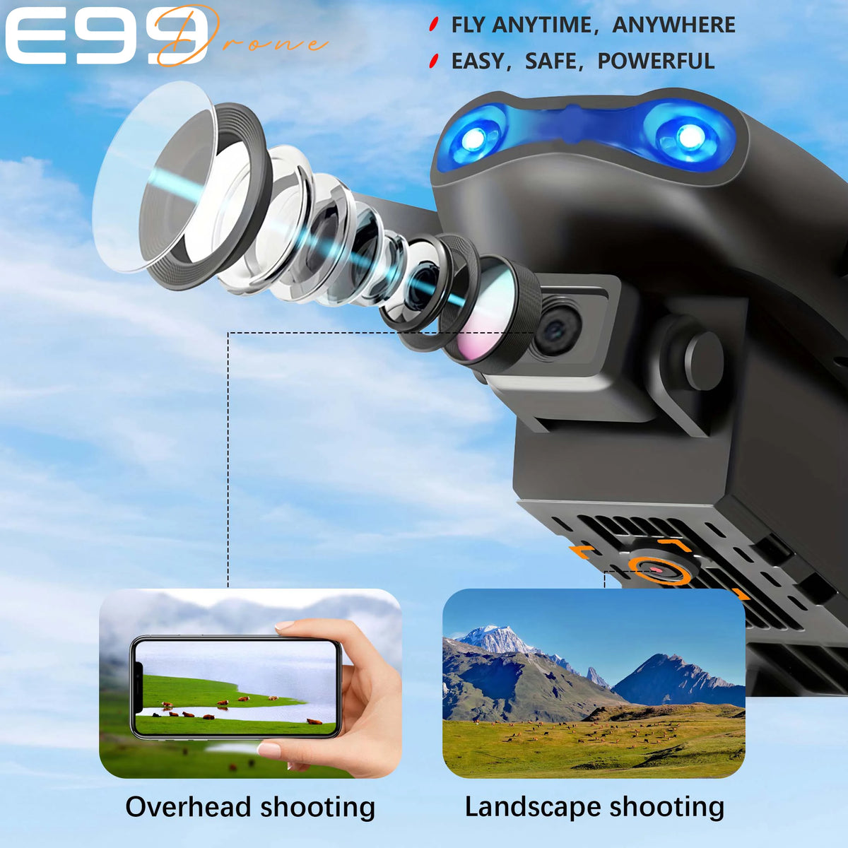 FACEGLE [Portable Drone Set] E99 Dual Camera Drone, Dual Camera - Horizontal and downward shooting, one click control, 360 ° stunt roll, Headless Mode, LED lights, protective frame, Foldable quadcopter, Beginner Drone, Birth