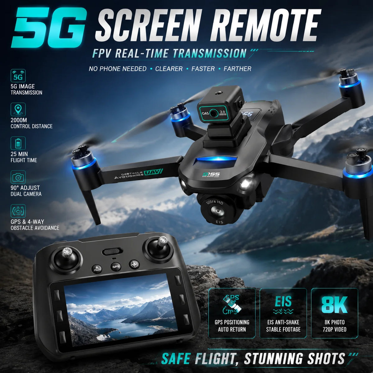 Drone GPS Intelligent Obstacle Avoidance HD Dual Camera 5G Screen Remote 5G Image Transmission 2KM Flight Distance 25Mins Flight Time Brushless RC Drone