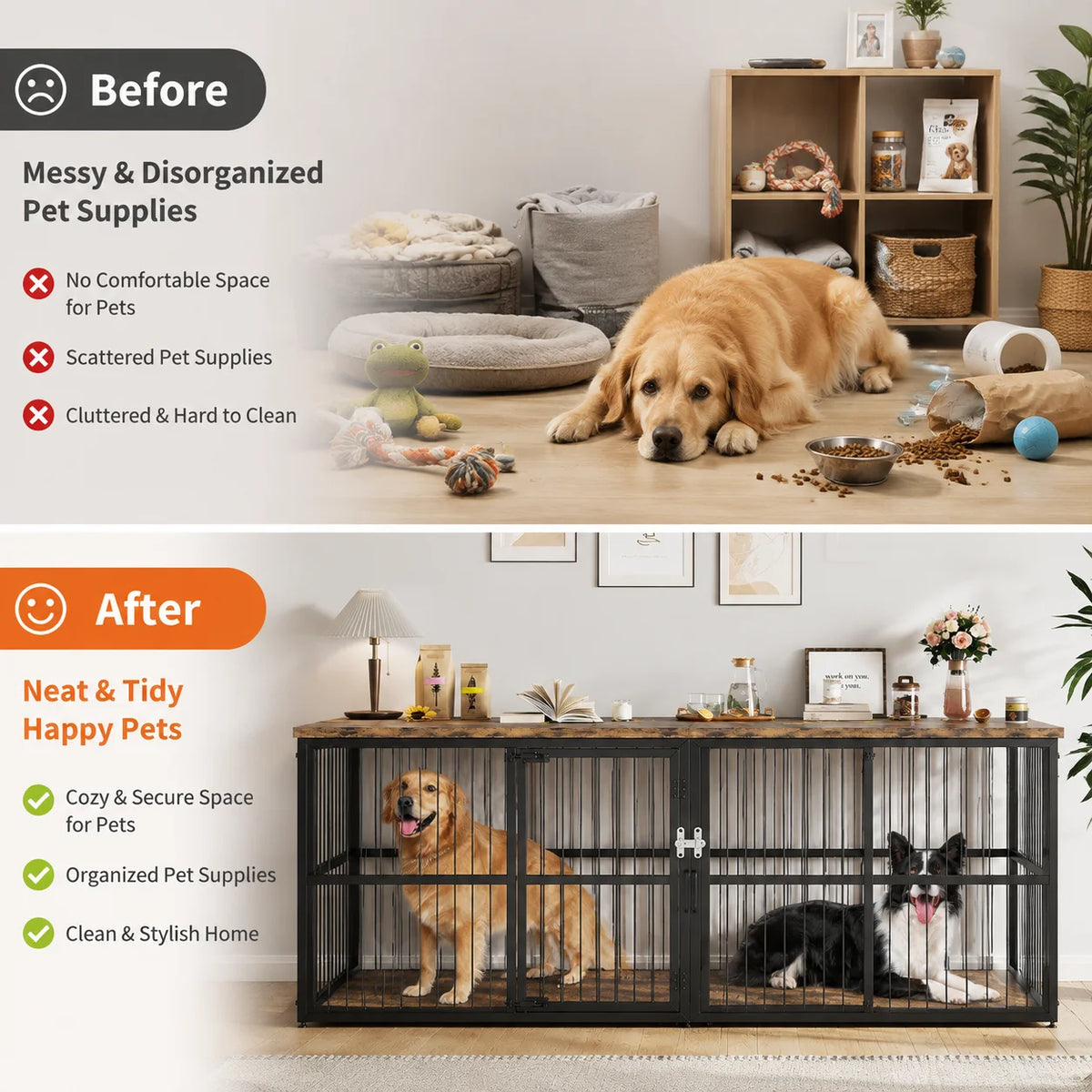 Premium Double Dog Crate Furniture With Lockable Interior Divider