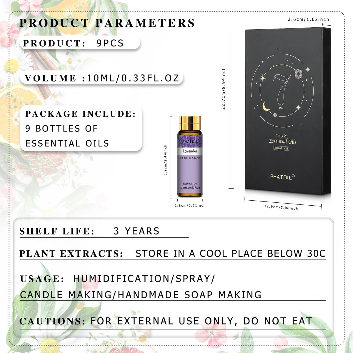 PHATOIL 9pcs Essential Oils Gift Set 10ml Lavender Peppermint Eucalyptus Lemon Vanilla Rose Ylang Jasmine Sandalwood Essential Oil For Aromatherapy Diffuser Candle Making
