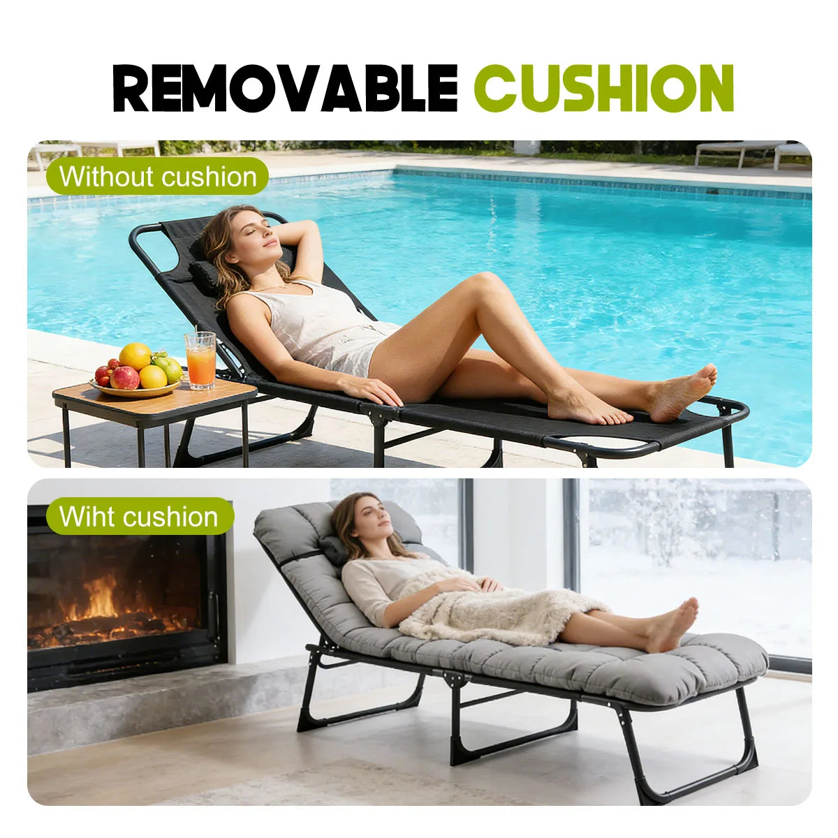 Adjustable Folding Lounge Chair With Removable Cushion For Outdoor Use