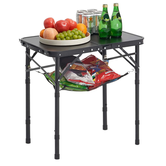 SucceBuy Folding Camping Table With Adjustable Height And Mesh Shelf