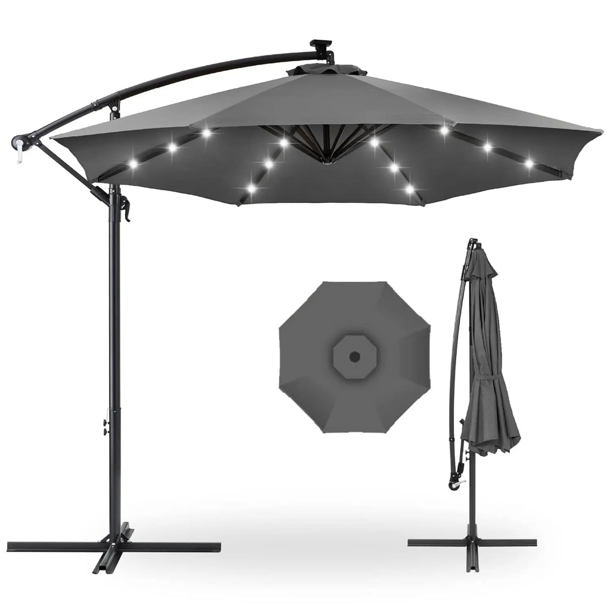Solar LED Offset Cantilever Hanging Market Patio Umbrella