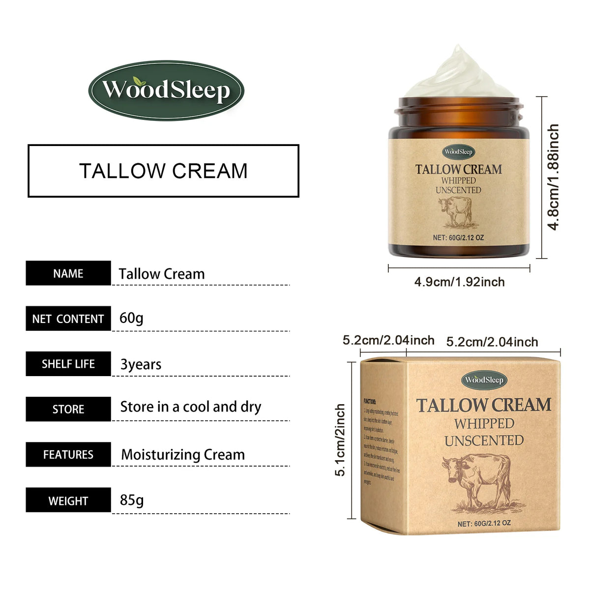 Ship from US Natural Tallow Cream WoodSleep Unscented Whipped 60g Fragrance Free Face Cream for Sensitive Skin Daily Moisturizing