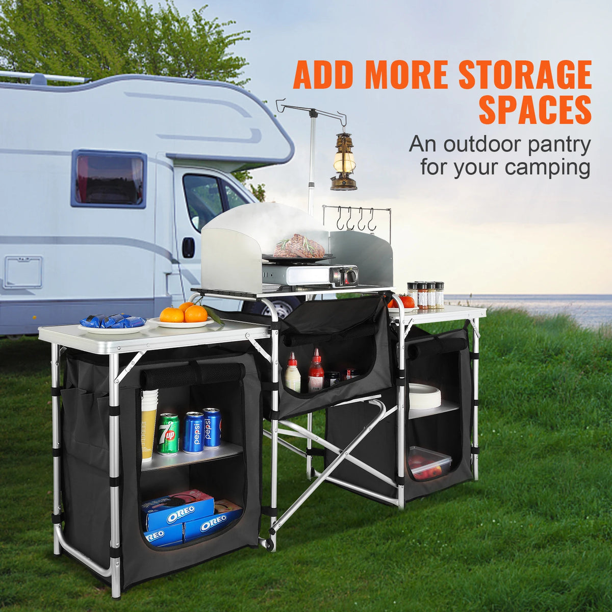 VEVOR Folding Outdoor Cooking Table With Storage Cabinet
