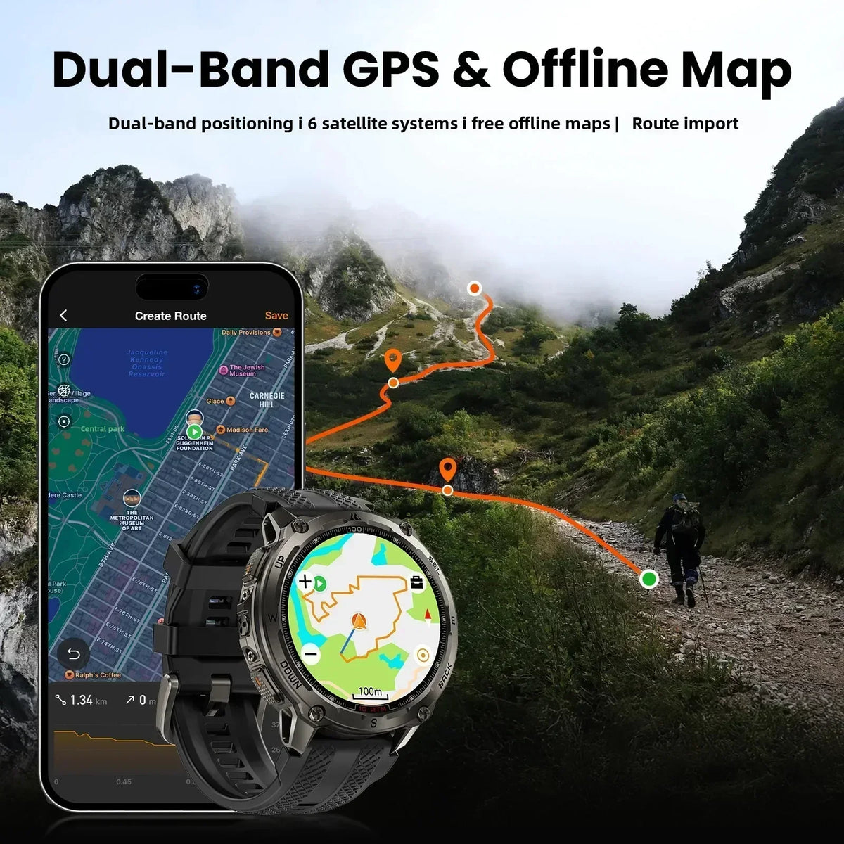 KOSPET Tank T4 Smart Watch for Men 6-Sat GPS Offline Maps 10ATM Waterproof Heart Rate Diving Skiing Hiking for Android iOS