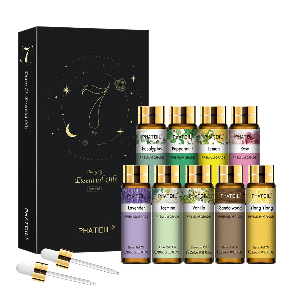 PHATOIL 9pcs Essential Oils Gift Set 10ml Lavender Peppermint Eucalyptus Lemon Vanilla Rose Ylang Jasmine Sandalwood Essential Oil For Aromatherapy Diffuser Candle Making