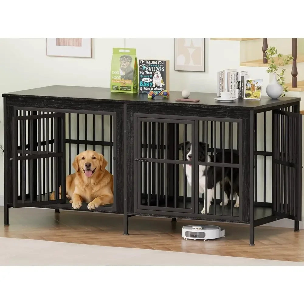Premium Double Dog Crate Cabinet Featuring TV Stand Design Indoors