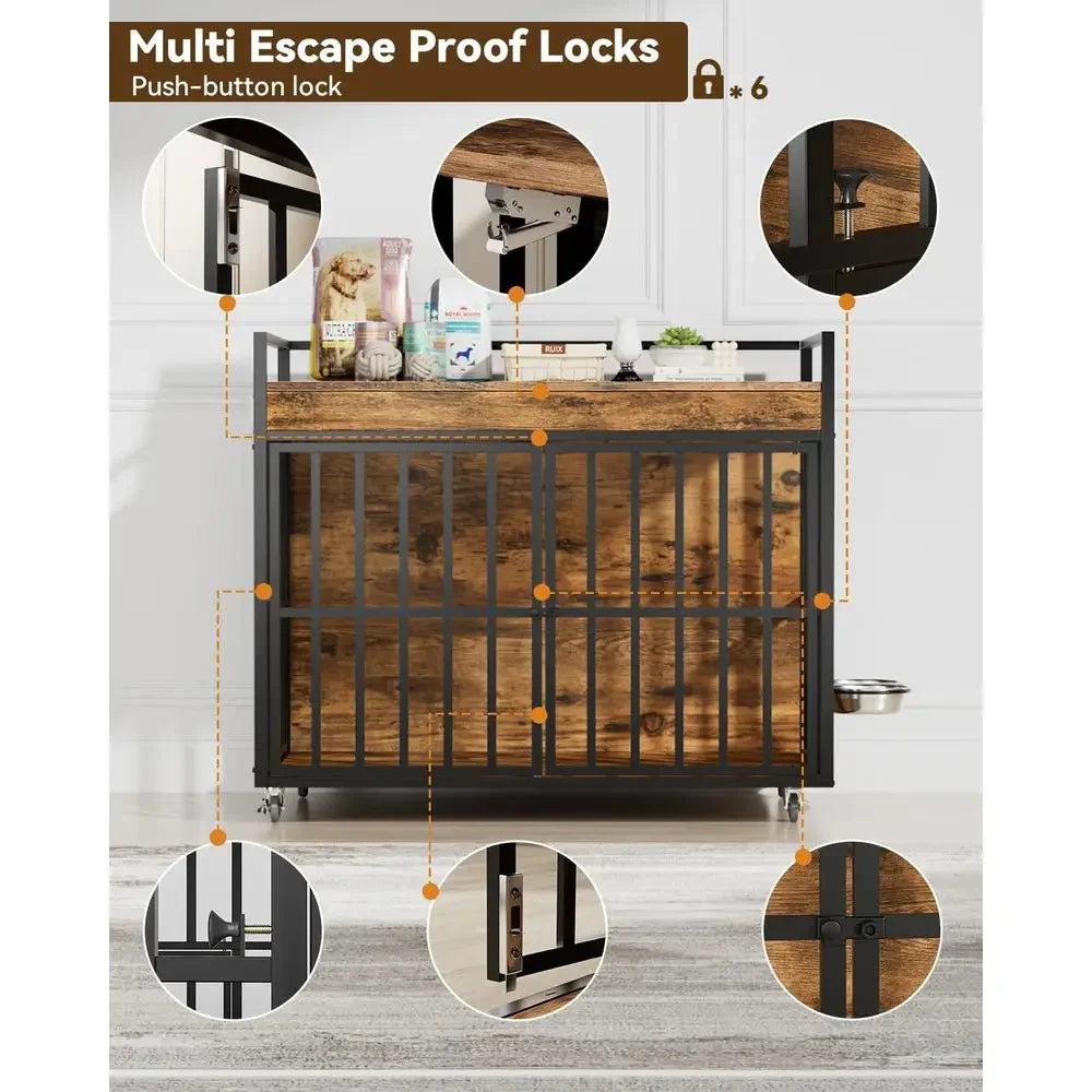 Heavy Duty Triple Door Dog Crate With Secure Rolling Wheels