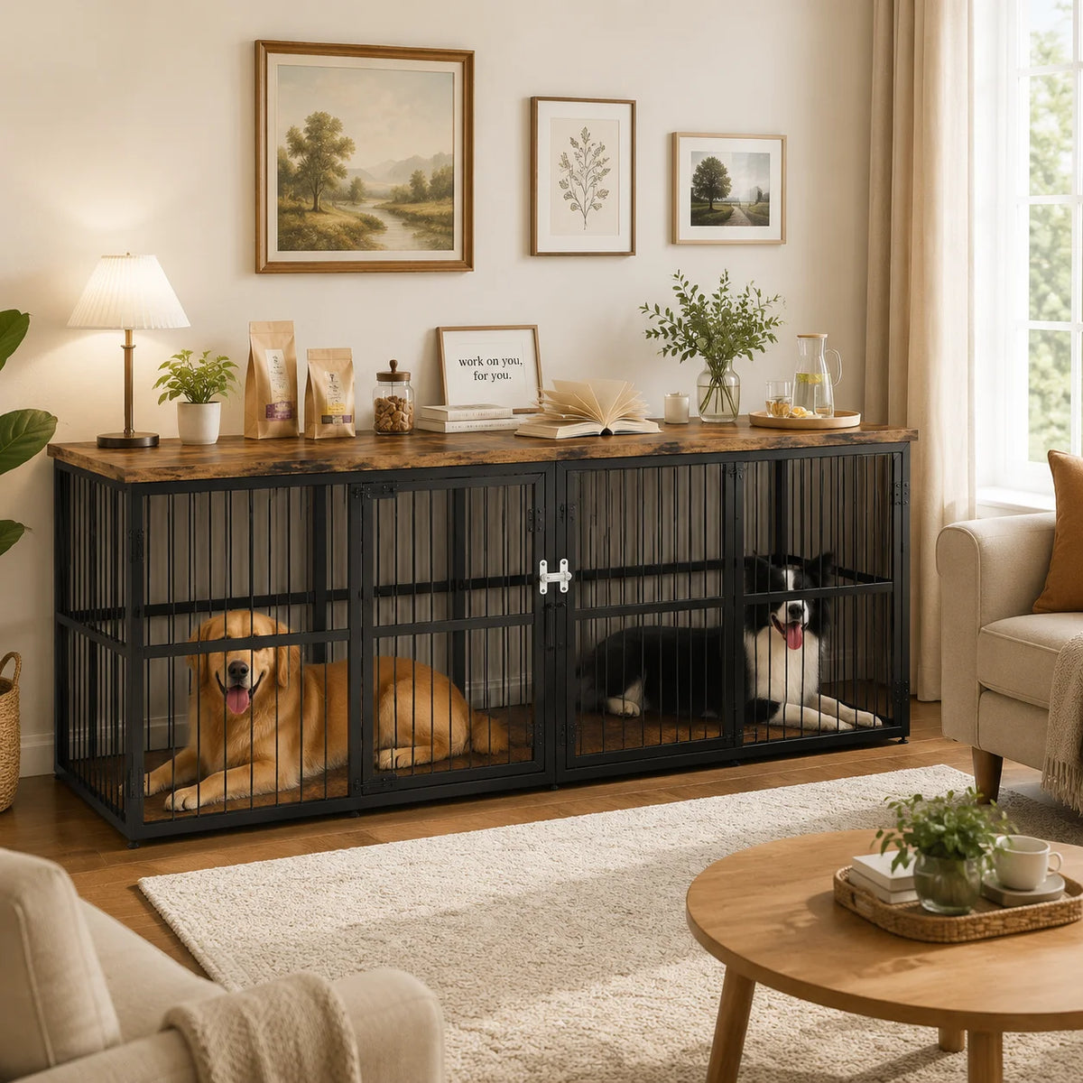 Premium Double Dog Crate Furniture With Lockable Interior Divider