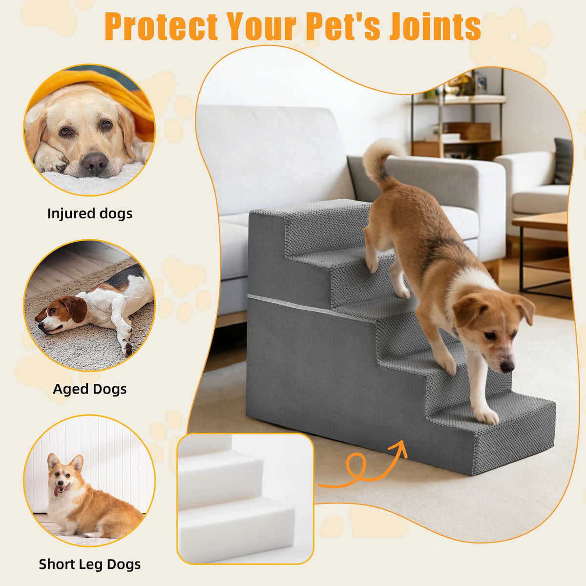 Right Angled Foam Dog Stairs Featuring Curved Non Slip Steps
