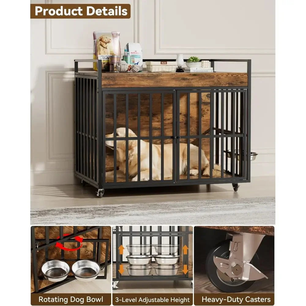 Heavy Duty Triple Door Dog Crate With Secure Rolling Wheels