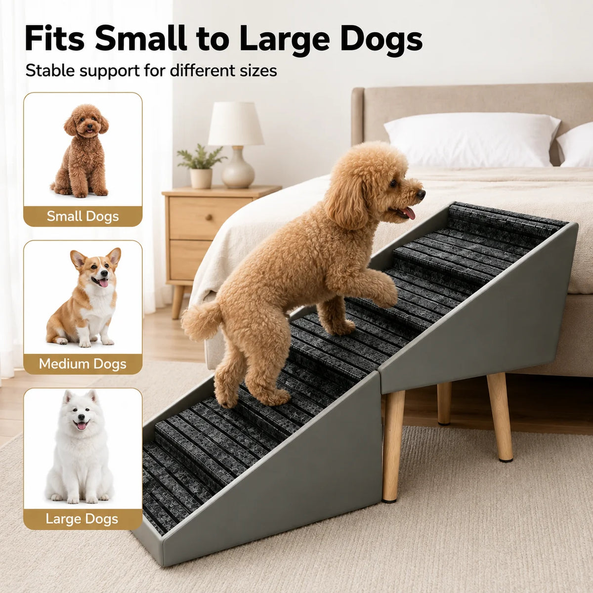 Foldable Wooden Dog Stairs With Non Slip Grip For Beds