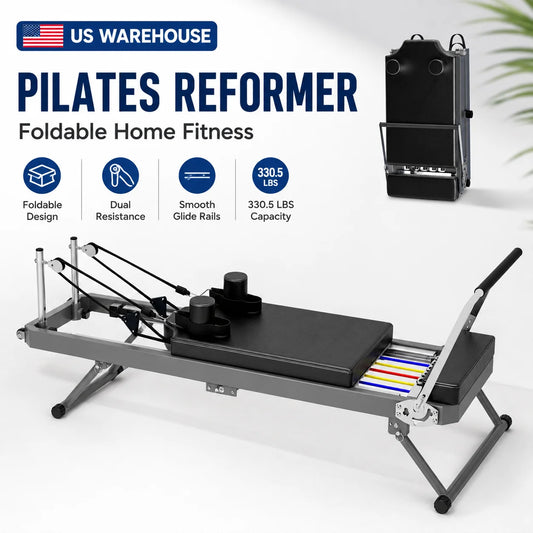 Foldable Pilates Reformer Machine for Home Gym, Premium Pilates Equipment Spring & Elastic Cord Resistance, Portable Yoga Workout Bed with Smooth Glide Rails, Adjustable Full Body Training Machine for Core, Strength, Flexibil