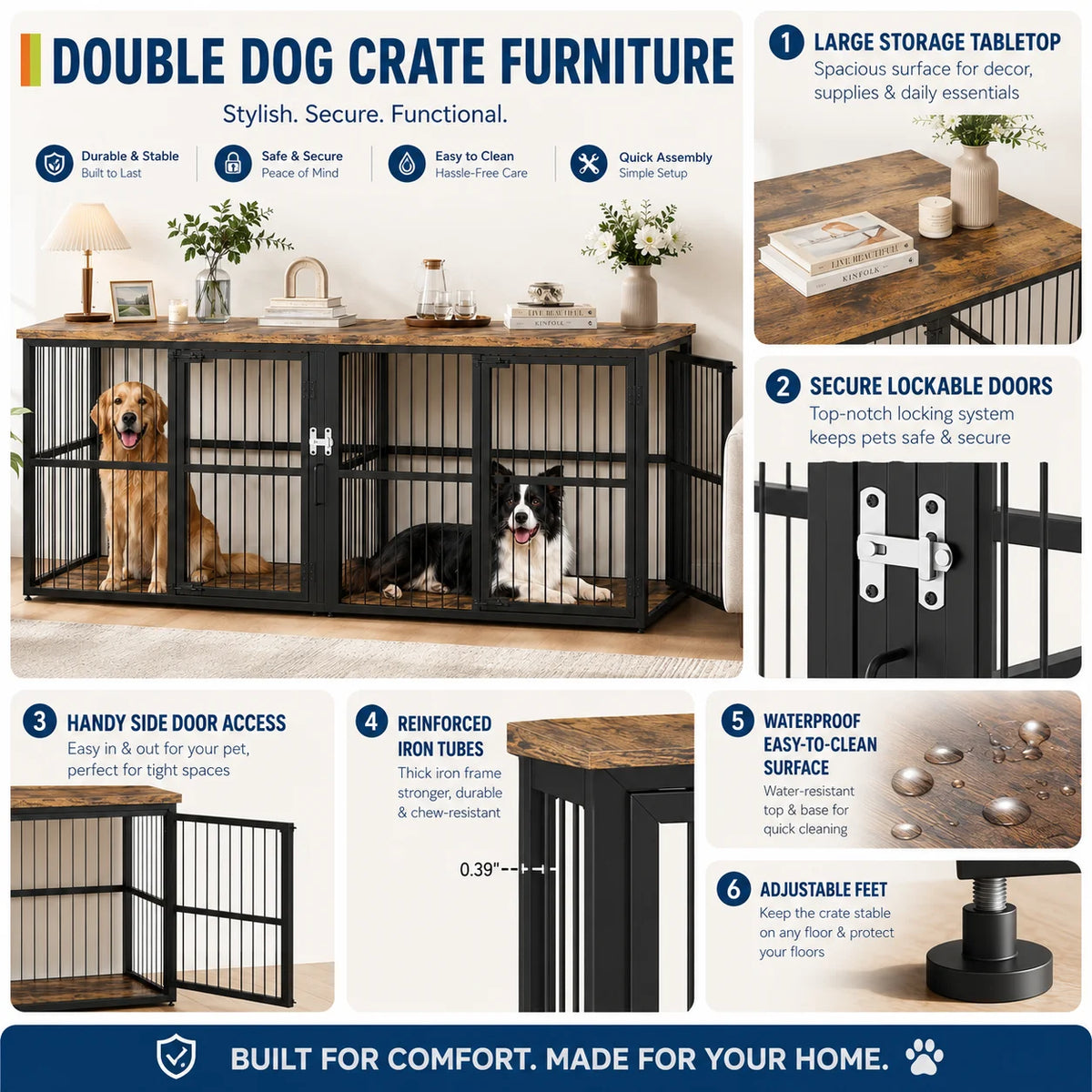 Premium Double Dog Crate Furniture With Lockable Interior Divider