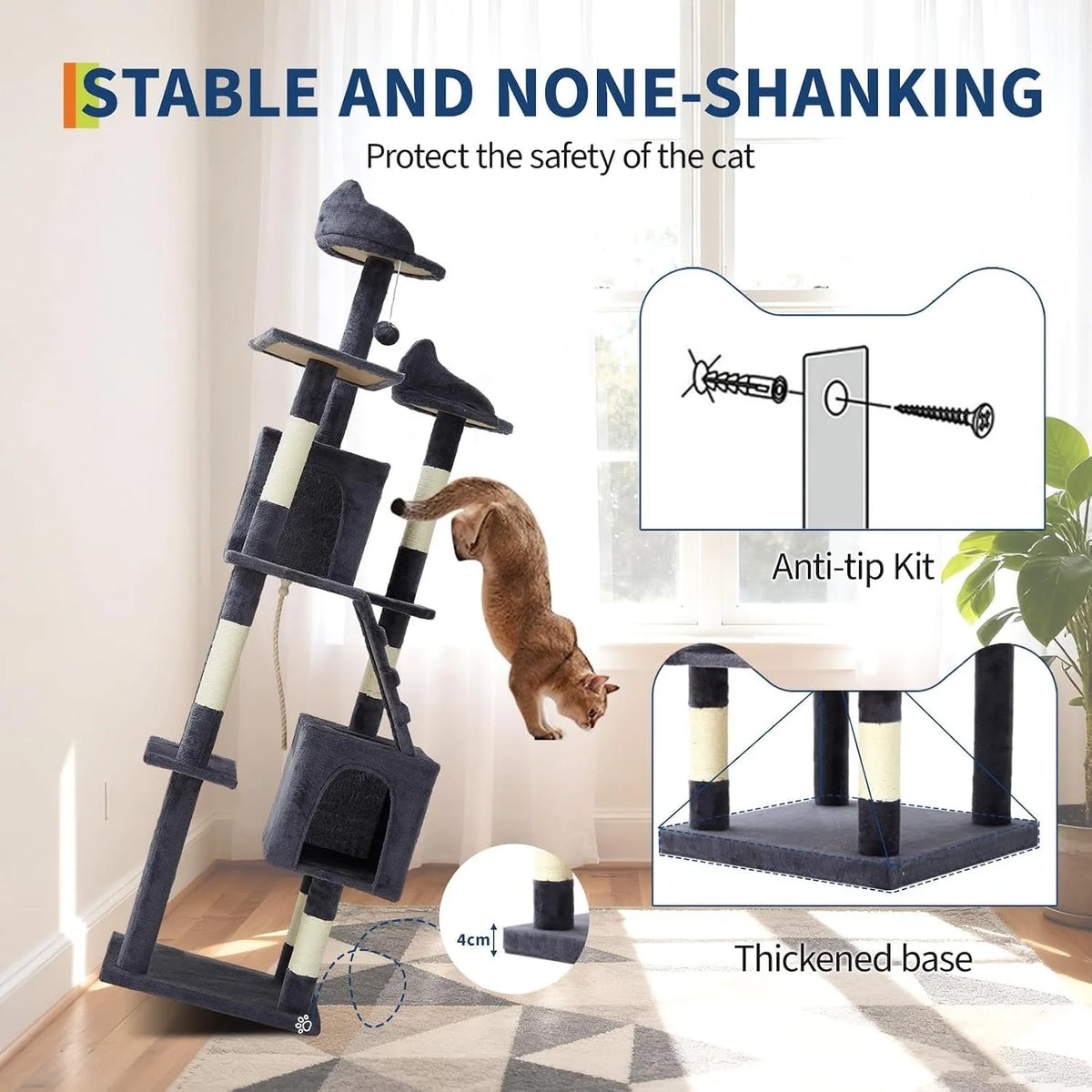 Sturdy Multi Level Cat Tower With Sisal Posts And Hammock