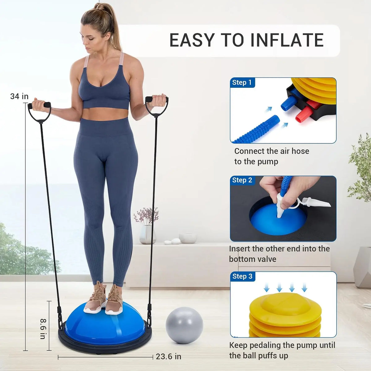 Tacleekii Half Balance Ball 23 in 1600Lb Capacity Half Exercise Ball for Core Workouts, Half Ball Trainer Includes Resistance Bands, Pump, and Bonus Ball, Home Gym Full Body Workout