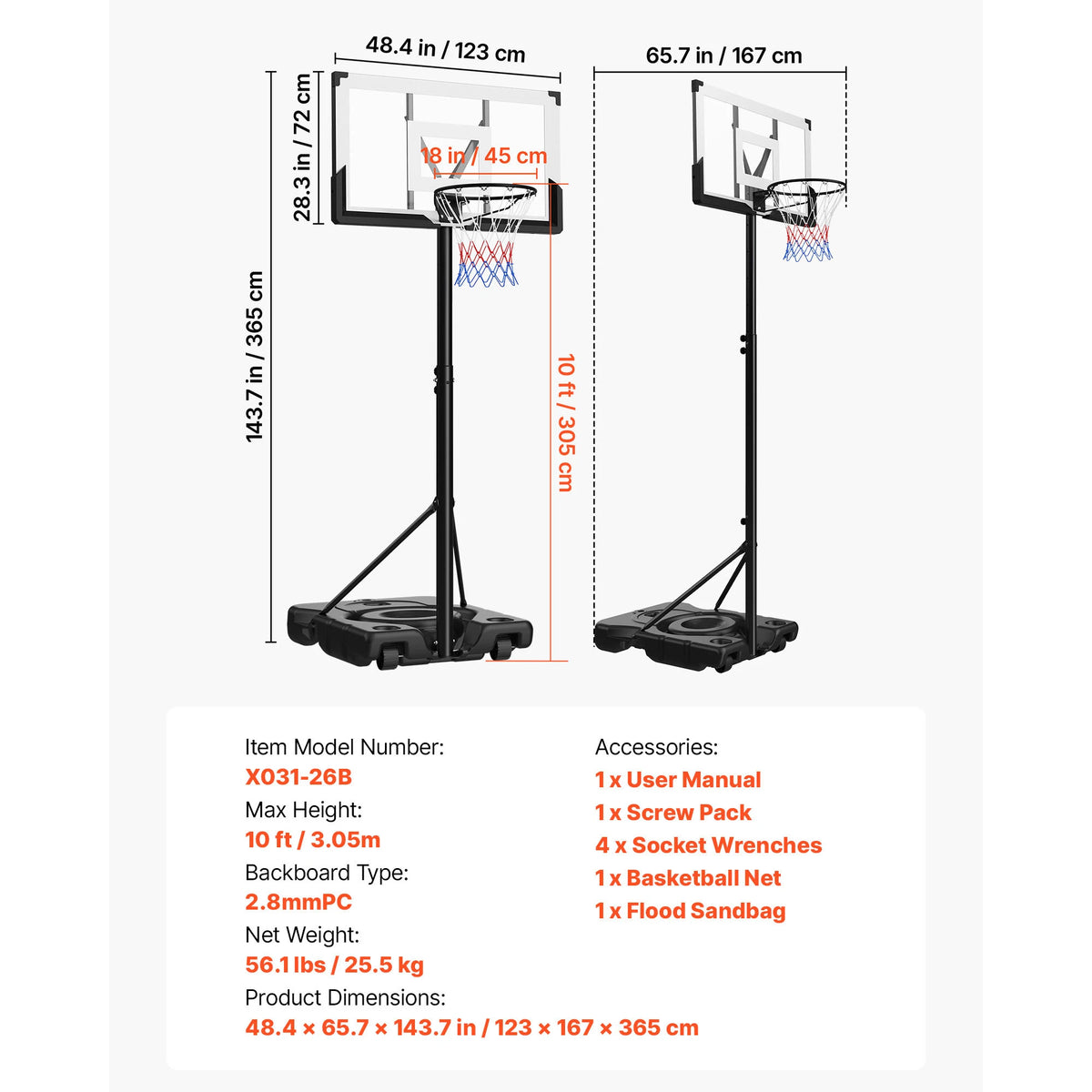 SucceBuy Portable Basketball Stand 10 ft Height Adjustment Basketball Hoop&Goal Portable Basketballs Hoop for Kids Teens Adults