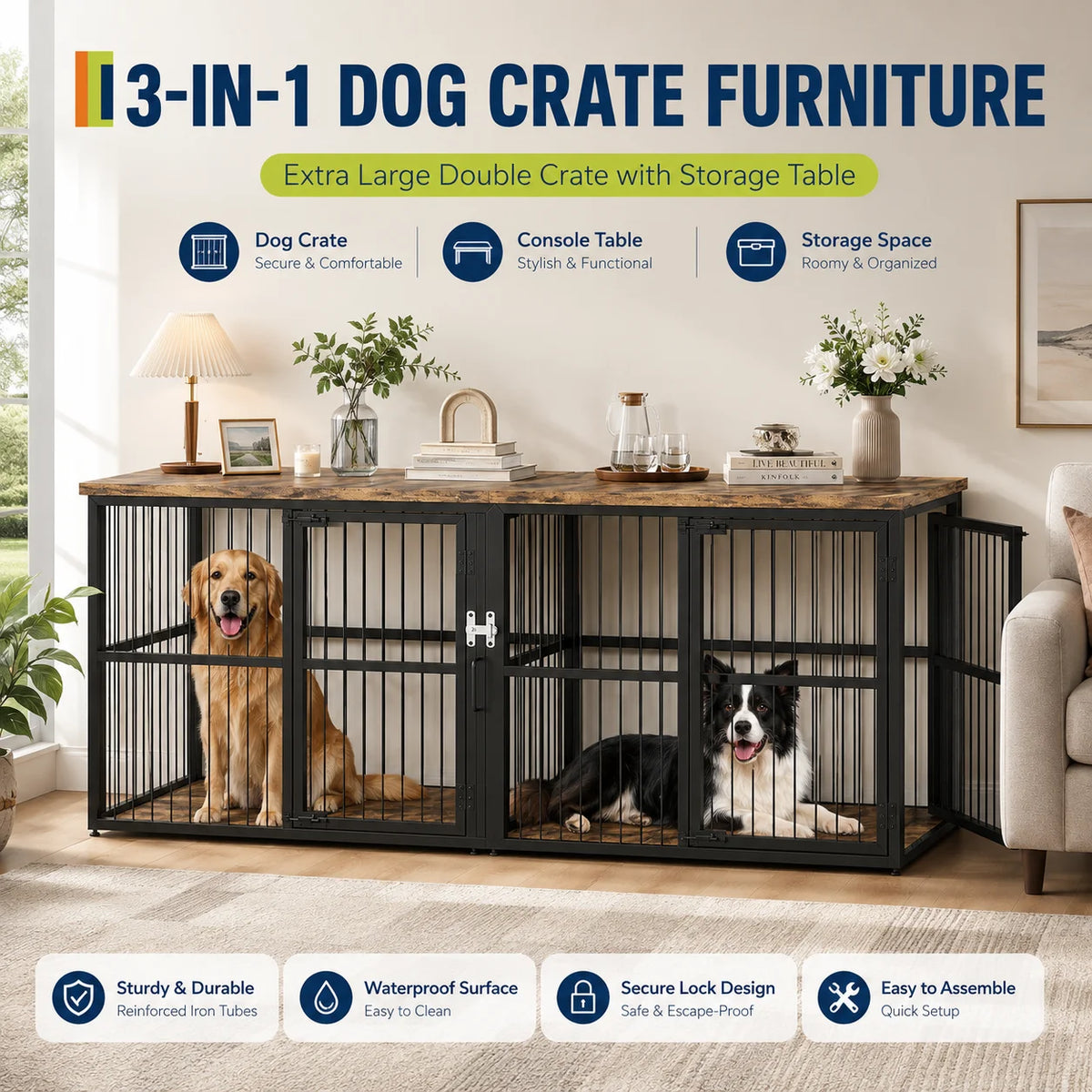Premium Double Dog Crate Furniture With Lockable Interior Divider
