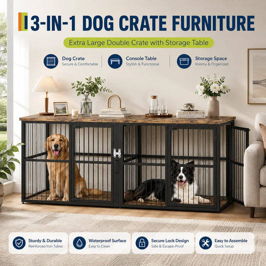 Premium Double Dog Crate Furniture With Lockable Interior Divider