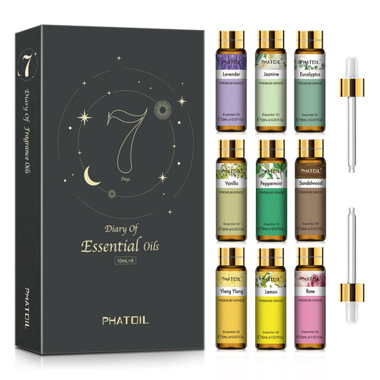 PHATOIL 9pcs Essential Oils Gift Set 10ml Lavender Peppermint Eucalyptus Lemon Vanilla Rose Ylang Jasmine Sandalwood Essential Oil For Aromatherapy Diffuser Candle Making