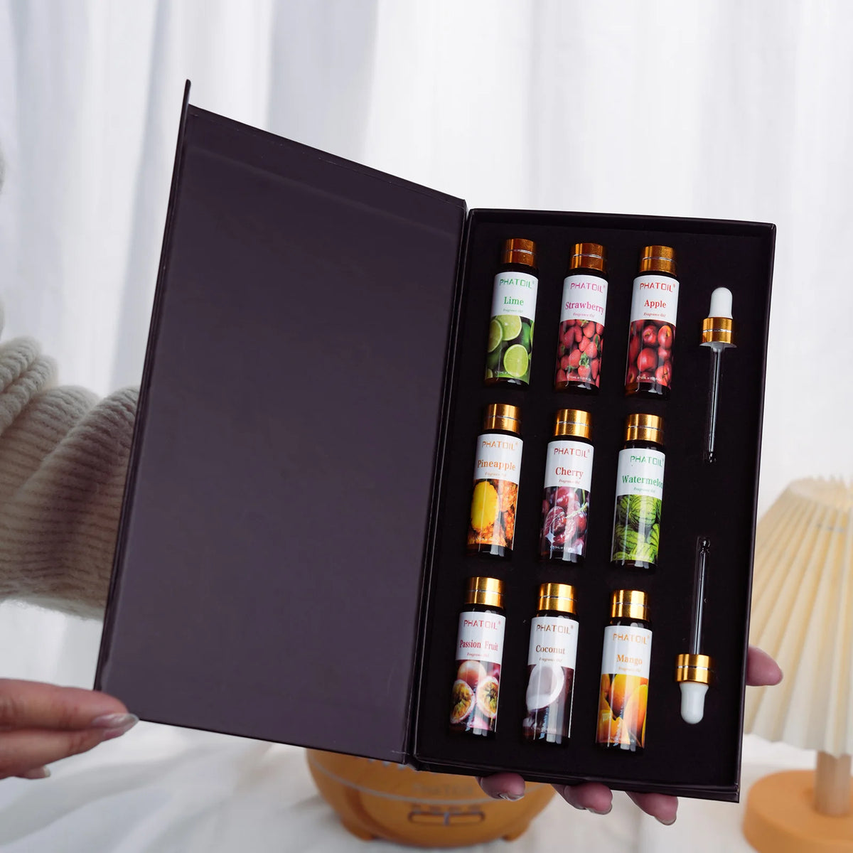 PHATOIL 9PCS Fruity Fragrance Oil Gift Set for Diffuser, Soap Candle Making-10ML Lime, Apple, Mango, Strawberry, Pineapple, Cherry, Coconut, Watermelon, Passion Fruit Long-lasting Aroma Essential Oil