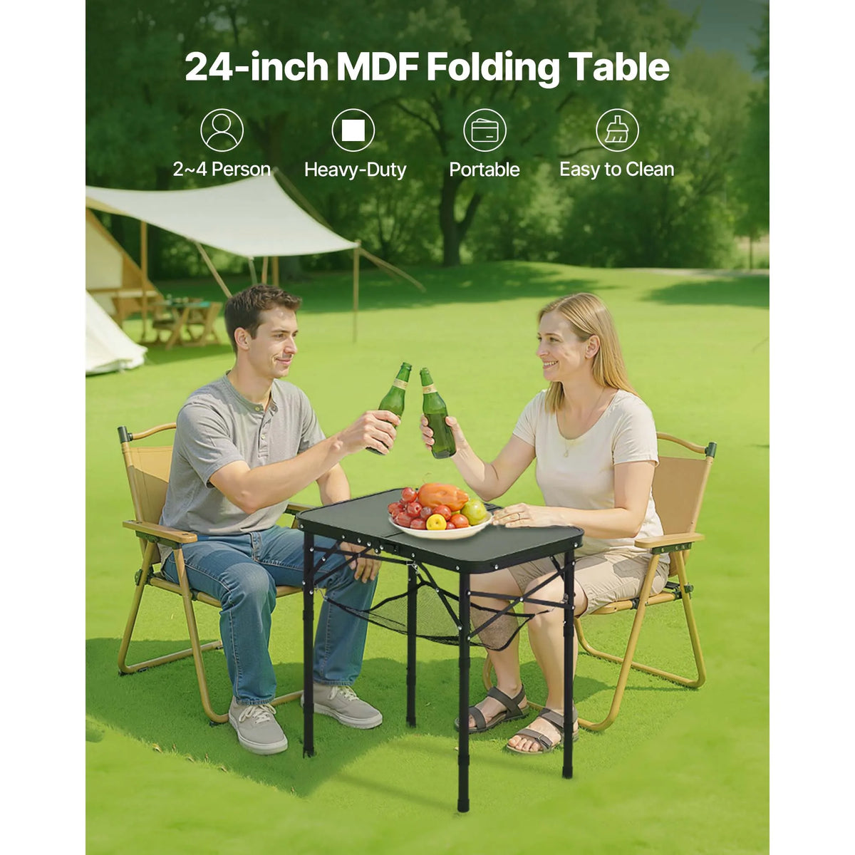 SucceBuy Folding Camping Table With Adjustable Height And Mesh Shelf
