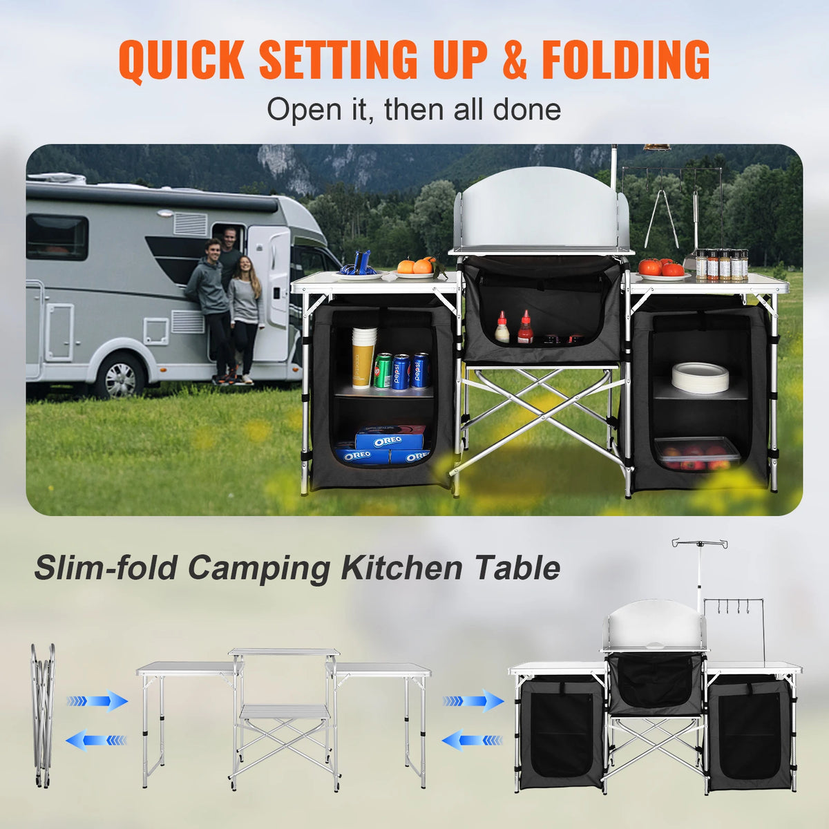 VEVOR Folding Outdoor Cooking Table With Storage Cabinet