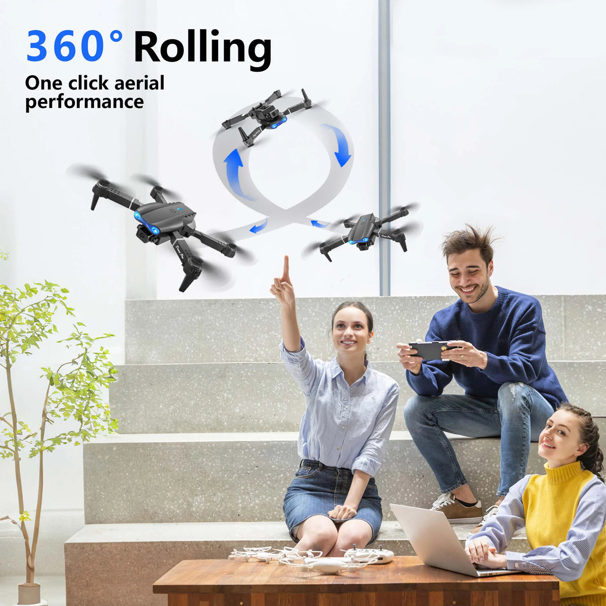 FACEGLE [Portable Drone Set] E99 Dual Camera Drone, Dual Camera - Horizontal and downward shooting, one click control, 360 ° stunt roll, Headless Mode, LED lights, protective frame, Foldable quadcopter, Beginner Drone, Birth