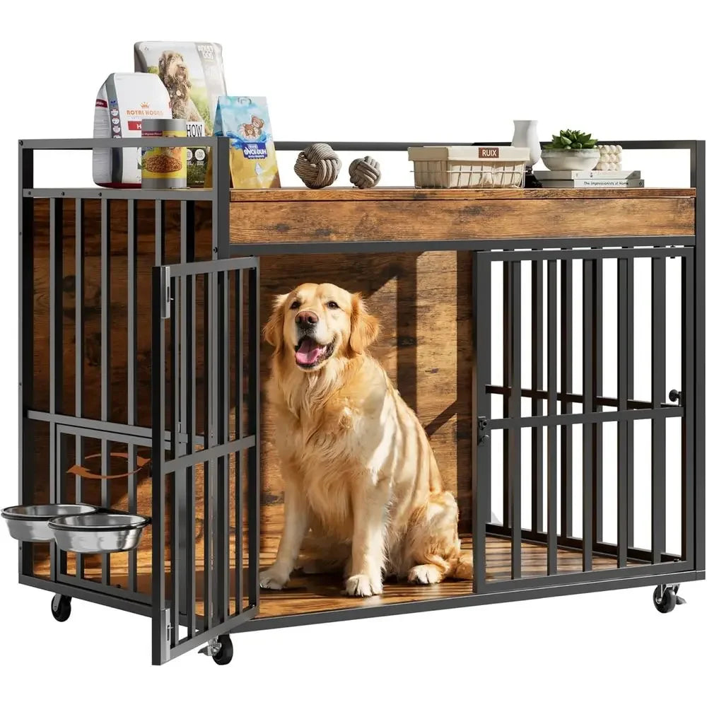 Heavy Duty Triple Door Dog Crate With Secure Rolling Wheels