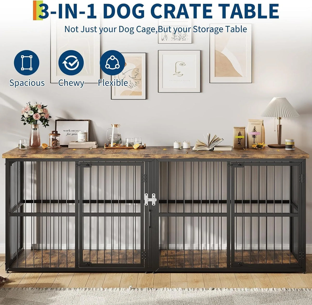 Premium Double Dog Crate Furniture With Lockable Interior Divider