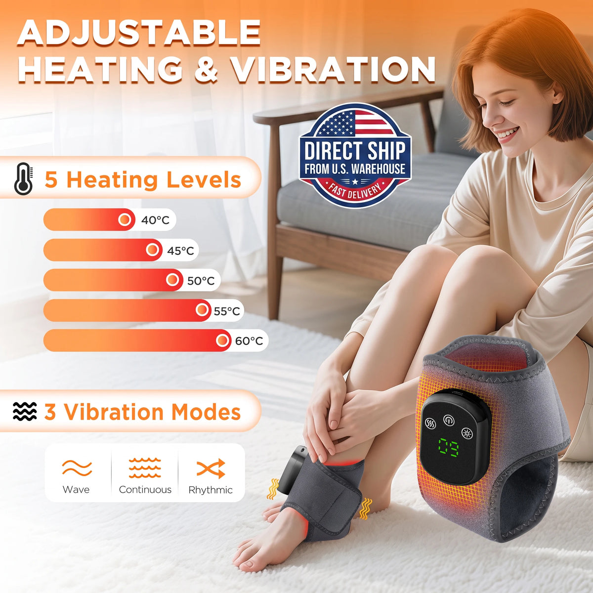 Heated Ankle Brace, 5 Levels Vibration Ankle Wrap Rechargeable Warm Support for Sports Hiking Winter Daily Care Left Right Foot