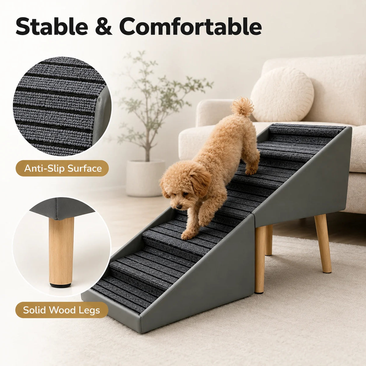 Foldable Wooden Dog Stairs With Non Slip Grip For Beds