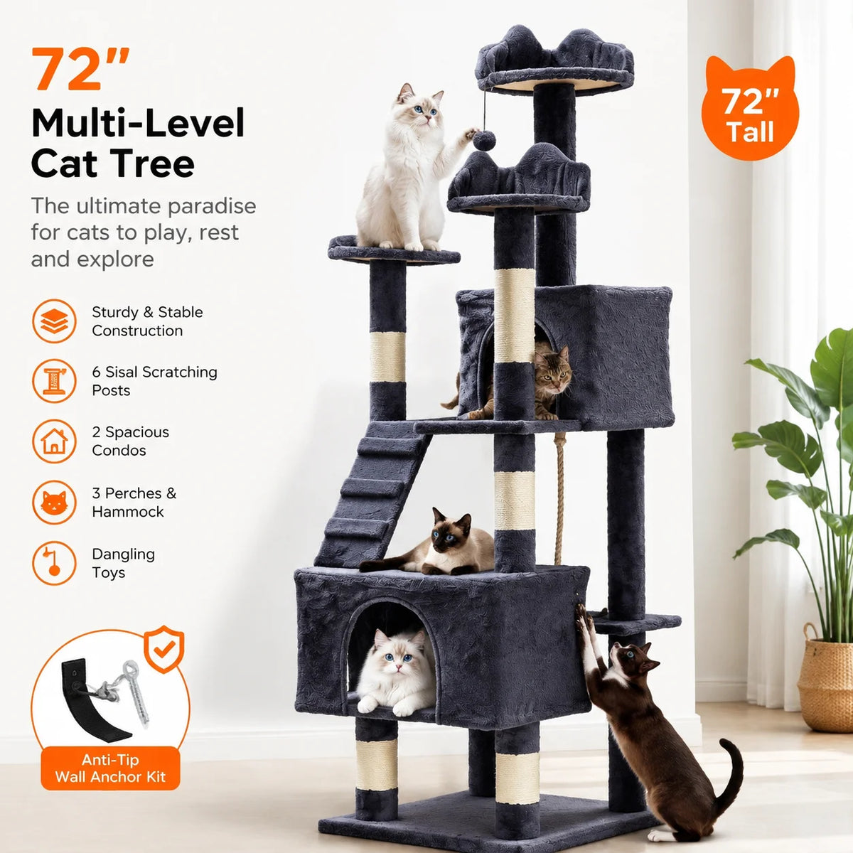 Sturdy Multi Level Cat Tower With Sisal Posts And Hammock