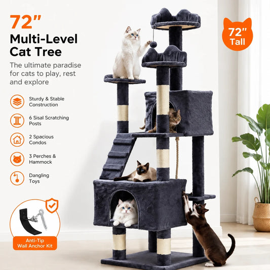 Sturdy Multi Level Cat Tower With Sisal Posts And Hammock