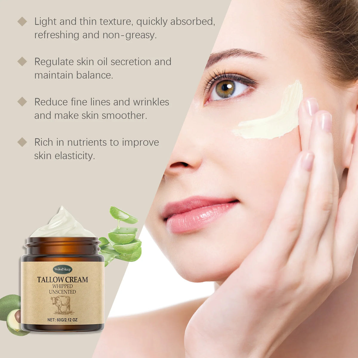 Ship from US Natural Tallow Cream WoodSleep Unscented Whipped 60g Fragrance Free Face Cream for Sensitive Skin Daily Moisturizing